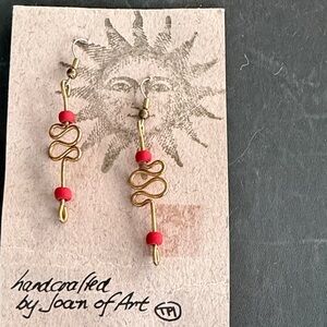 Handcrafted Gold-Tone Wire & Red Bead Dangle Earrings by Joan Of Art